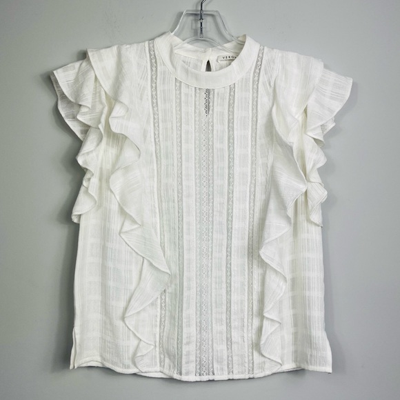 Veronica Beard Sol Lace Inset Ruffle Sleeveless Lace Crochet White Top Blouse 2 - Picture 7 of 16